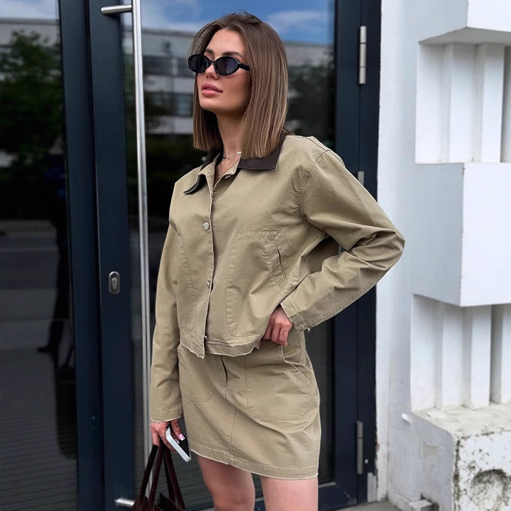 Damen Zweiteiliges Baumwoll-Utility-Set mit Cropped-Jacke und Minirock Nord Taschen