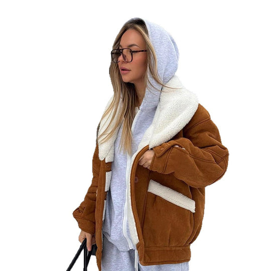 Damen Oversized Lammfellimitat Jacke mit großem Schalkragen Nord Taschen