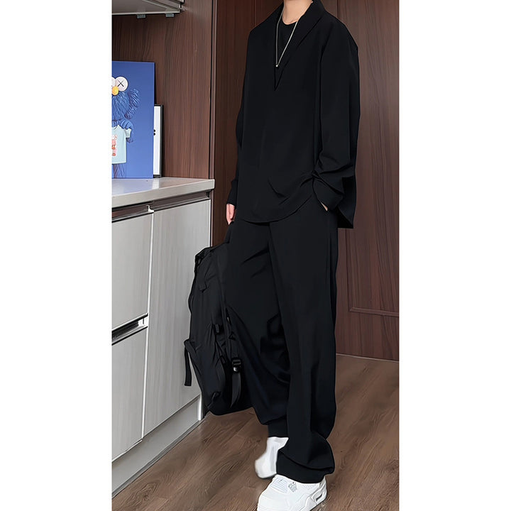 Herren locker geschnittenes zweiteiliges Freizeitset mit tiefem V-Ausschnitt Overshirt und weitem Bundfaltenhose Nord Taschen