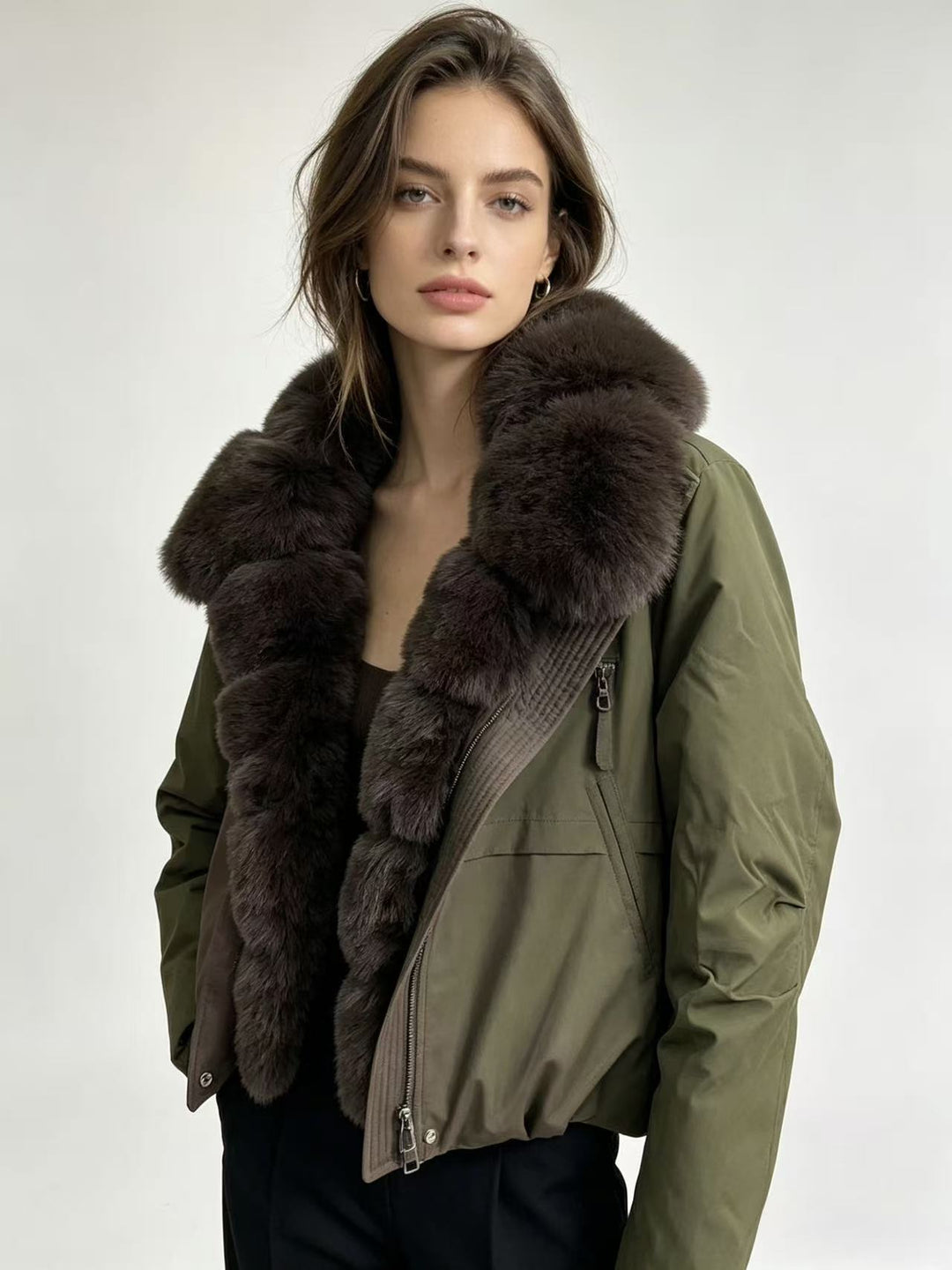 Damen nan taillierte Parka-Bomberjacke mit voluminösem Webpelzkragen und windabweisender Außenhülle Nord Taschen