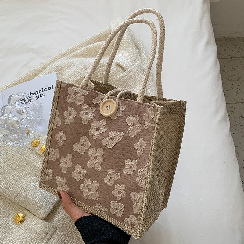 Damen Jute-Tragetasche mit floralem Muster und stabilem Knopfverschluss Nord Taschen