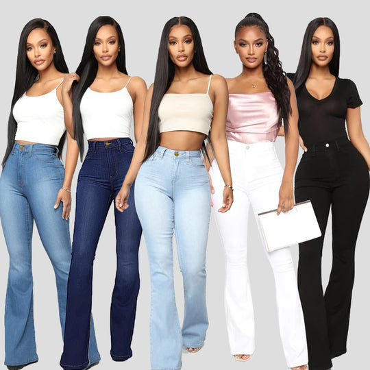 Damen Hochgeschnittene Flared-Jeans aus Stretch-Denim mit taillenformendem Schnitt Nord Taschen