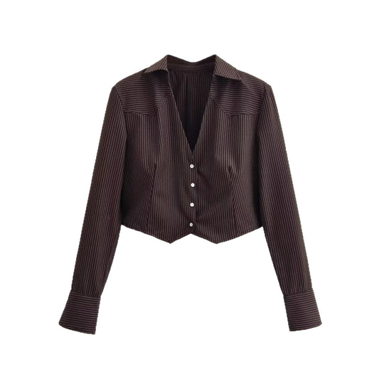 Damen Taillierte Cropped-Hemdbluse im Nadelstreifen mit tiefem V-Ausschnitt Nord Taschen