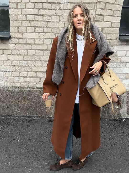 Damen Maxilanger doppeltreihiger Mantel mit Oversize-Silhouette Nord Taschen