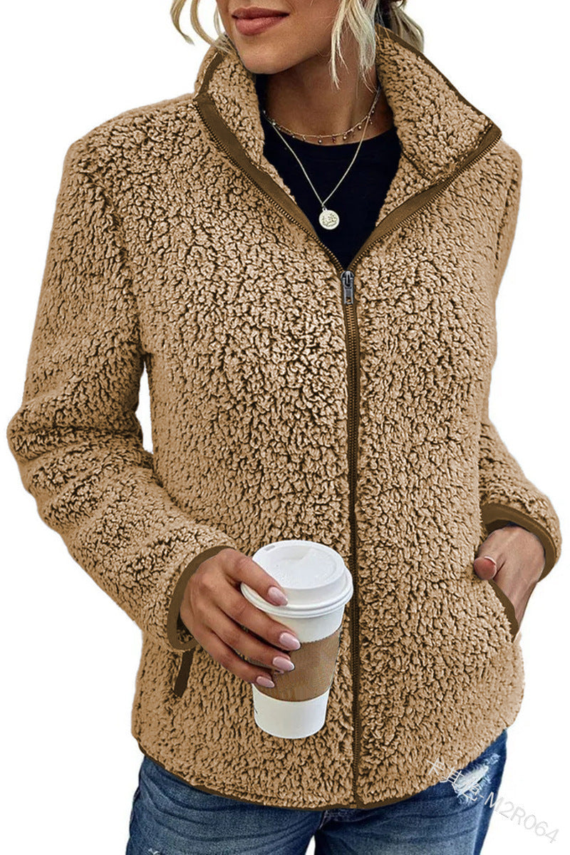 Damen kuschelige Teddy-Fleecejacke mit Stehkragen und Reißverschluss Nord Taschen
