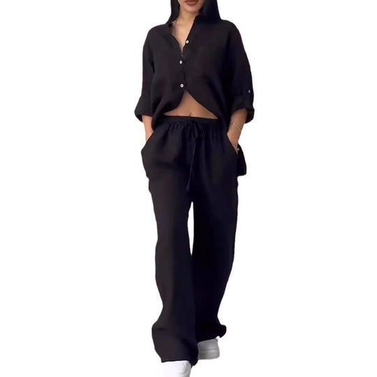 Damen Weite Leinenmix-Hose mit hohem Elastikbund, Kordelzug und Palazzo-Silhouette Nord Taschen