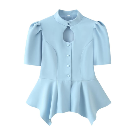 Damen Taillierte Bluse mit Stehkragen, Cut-Out-Ausschnitt und asymmetrischem Schößchen Nord Taschen