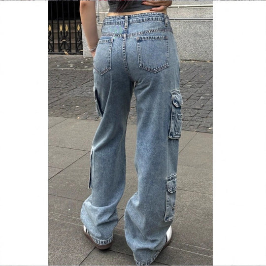 Damen Hochgeschnittene Baggy-Cargo-Jeans mit Mehrfach‑Utility‑Taschen Nord Taschen