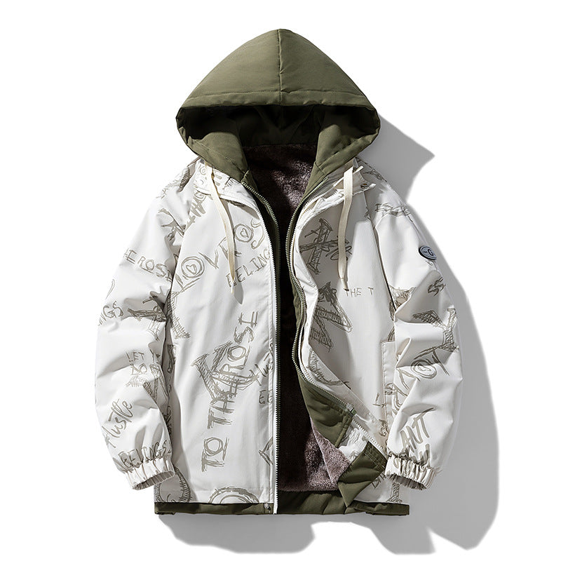 Herren Gefütterte Kapuzenjacke mit grafischem Print, Teddy-Innenfutter und winddichter Außenhülle Nord Taschen