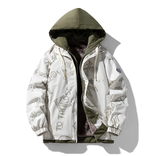 Herren Gefütterte Kapuzenjacke mit grafischem Print, Teddy-Innenfutter und winddichter Außenhülle Nord Taschen