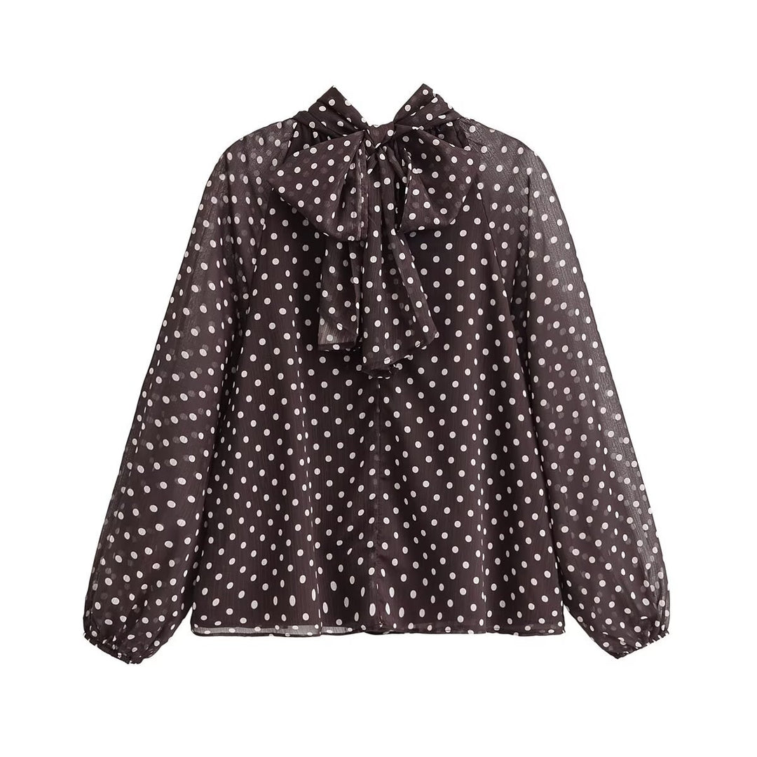 Damen Transparente gepunktete Chiffonbluse mit Schleifenkragen und Ballonärmeln Nord Taschen