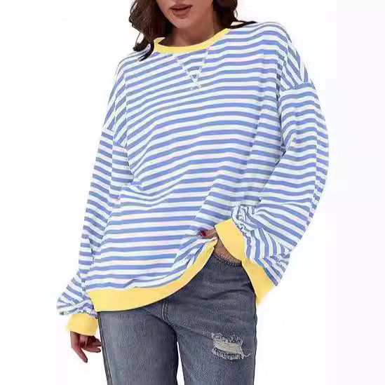 Damen Gestreifter Oversize Pullover mit Kontrastbündchen Nord Taschen