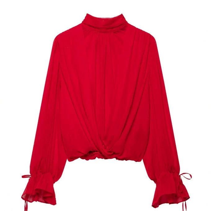Damen Elegante Chiffon‑Schluppenbluse mit Ballonärmeln und gerafftem Saum Nord Taschen