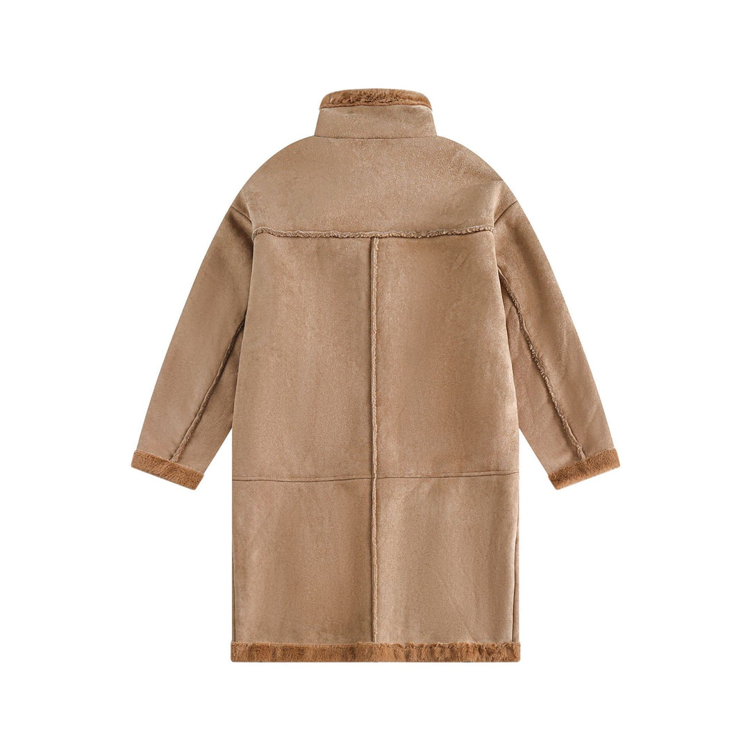 Damen Langer Oversize Lammfell‑Imitat Mantel mit Stehkragen und Schnallenverschluss Nord Taschen