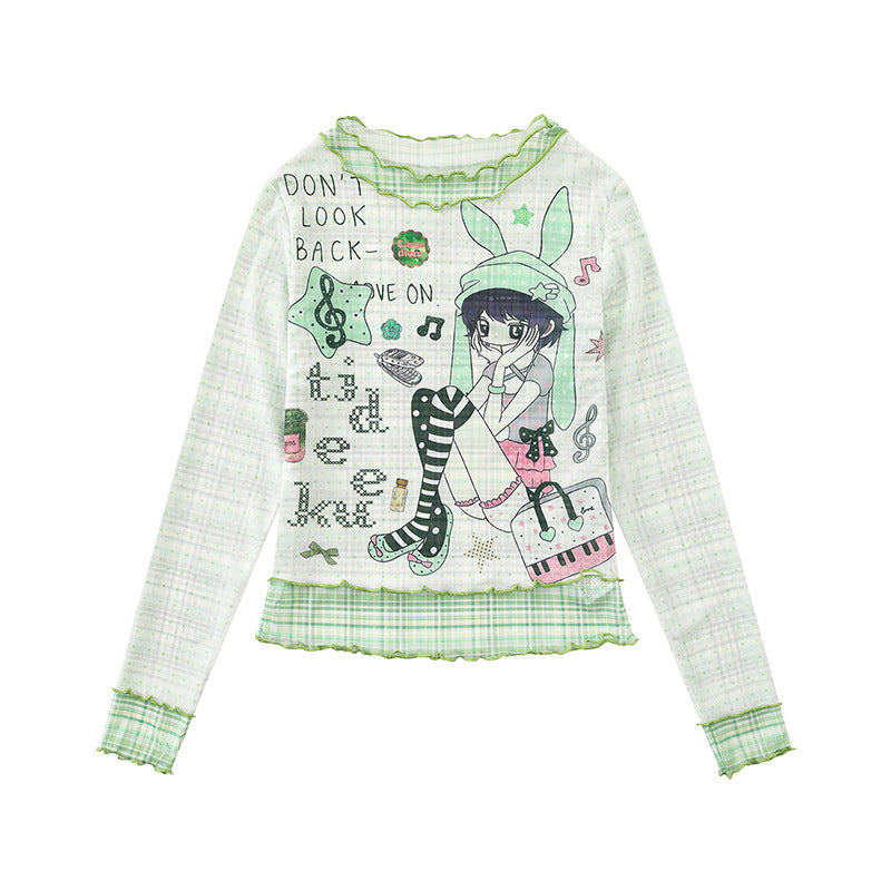 Damen Transparentes Mesh-Langarmshirt mit Manga-Print, Rüschensaum und Karomanschetten Nord Taschen