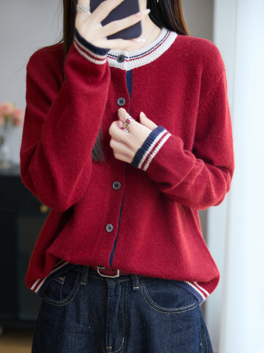 Damen Lockerer Feinstrick-Cardigan mit Kontraststreifen an Kragen und Bündchen Nord Taschen
