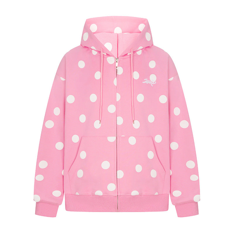 Damen Kapuzen-Sweatjacke mit durchgehendem Reißverschluss, Oversize-Schnitt und Polka-Dot-Print Nord Taschen