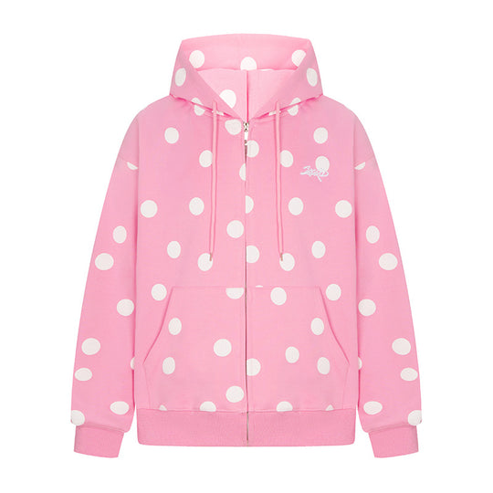 Damen Kapuzen-Sweatjacke mit durchgehendem Reißverschluss, Oversize-Schnitt und Polka-Dot-Print Nord Taschen