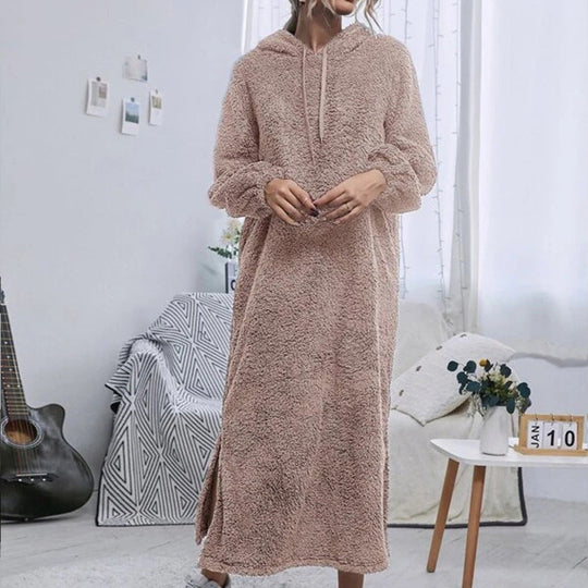 Damen Flauschiger Fleece-Hoodie-Kleid mit Ohren und seitlichen Schlitzen Nord Taschen
