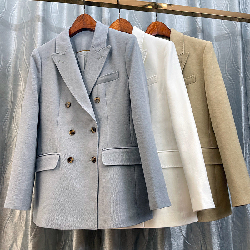 Damen Doppelreihiger taillierter Wollblazer mit Struktur und verstärkten Schultern Nord Taschen