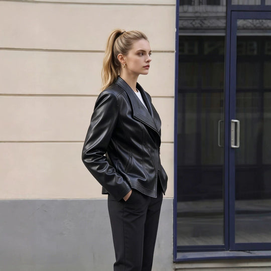 Damen Kurz geschnittene Kunstlederjacke mit asymmetrischem Reißverschluss Nord Taschen