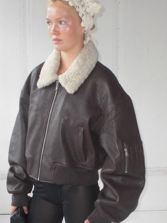 Damen Oversized Fliegerjacke im Biker-Bomber-Stil mit Teddykragen Nord Taschen