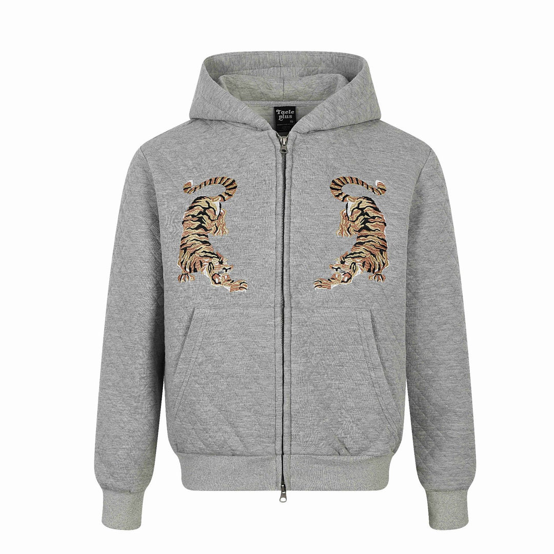 Unisex Gesteppte Kapuzenjacke mit Reißverschluss, Kängurutasche und spiegelnder Tiger‑Stickerei Nord Taschen
