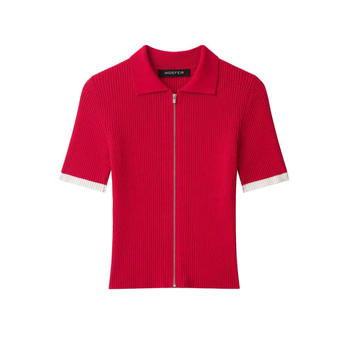 Damen Gerippte Kurzarm-Polo-Strickjacke mit durchgehendem Reißverschluss Nord Taschen