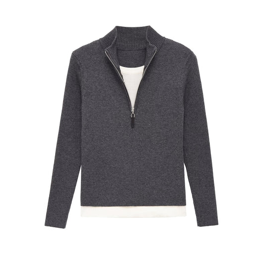 Damen Feinstrickpullover mit halbem Reißverschluss, Stehkragen und Lagenlook-Saum Nord Taschen