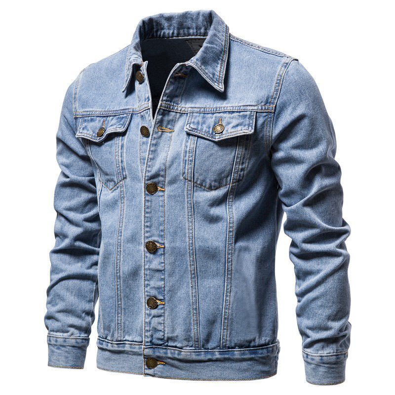 Herren taillierte Jeansjacke mit Brusttaschen, durchgehender Knopfleiste und Kontrastnähten Nord Taschen