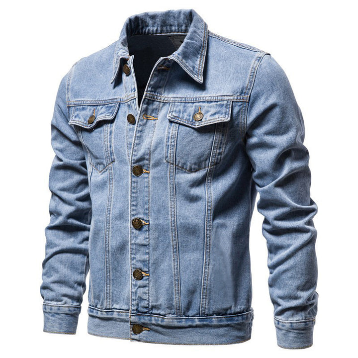 Herren taillierte Jeansjacke mit Brusttaschen, durchgehender Knopfleiste und Kontrastnähten Nord Taschen