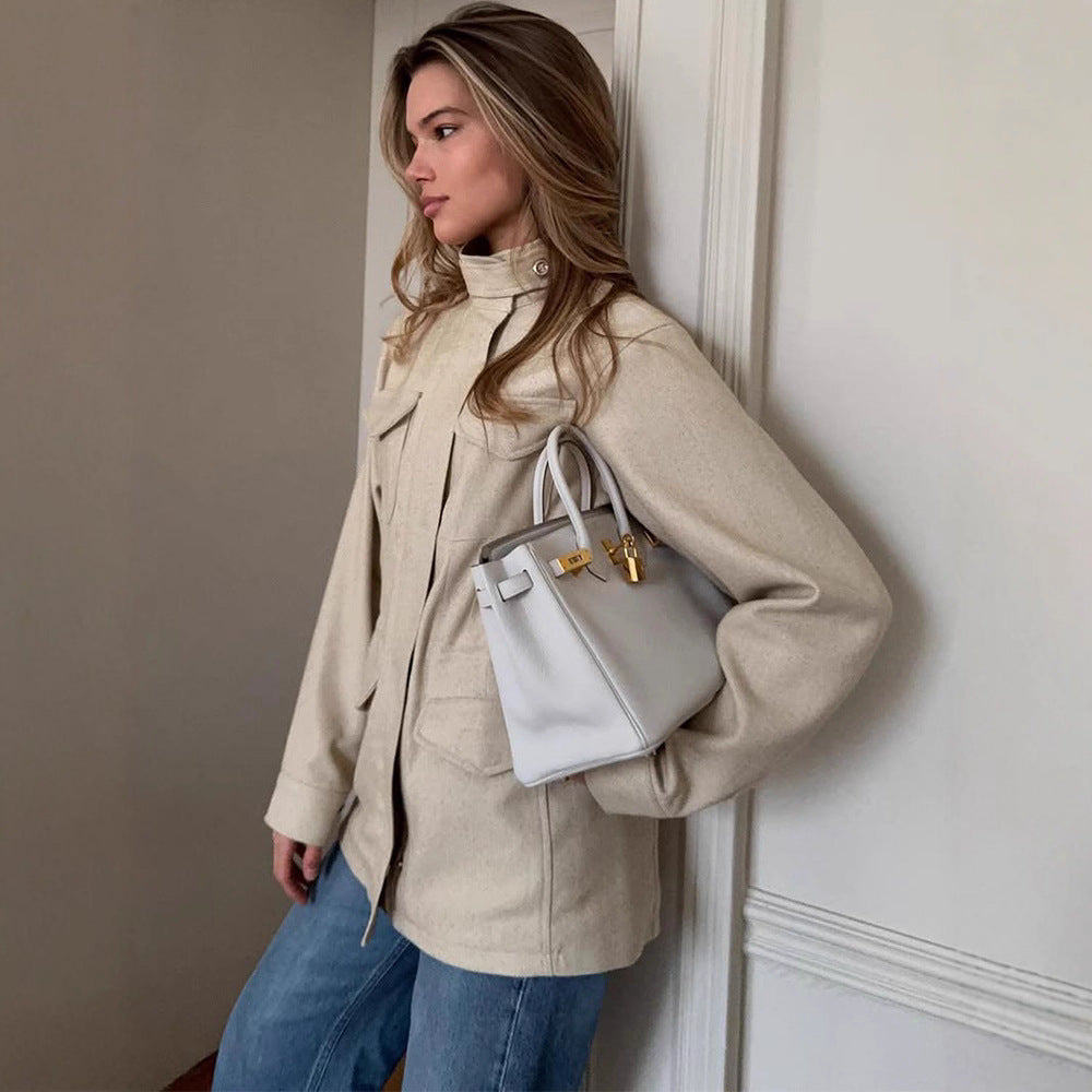 Damen Oversize Fieldjacke aus Wollmix mit Stehkragen und aufgesetzten Pattentaschen Nord Taschen