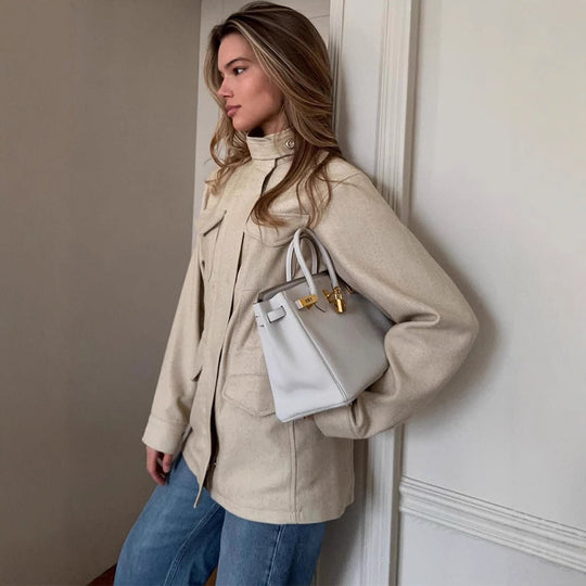 Damen Oversize Fieldjacke aus Wollmix mit Stehkragen und aufgesetzten Pattentaschen Nord Taschen