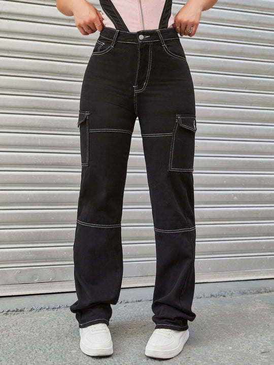 Damen Hochtaillierte Cargo-Hose mit Kontrastnähten und geradem Bein Nord Taschen