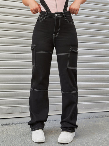 Damen Hochtaillierte Cargo-Hose mit Kontrastnähten und geradem Bein Nord Taschen