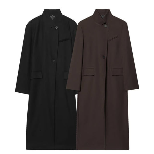 Damen Langer Mantel mit Mandarin-Kragen, minimalistischer Silhouette und verdeckter Knopfleiste Nord Taschen