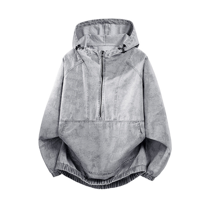 Herren Oversize Canvas-Halbzip-Kapuzenanorak mit Kängurutasche und elastischem Saum Nord Taschen