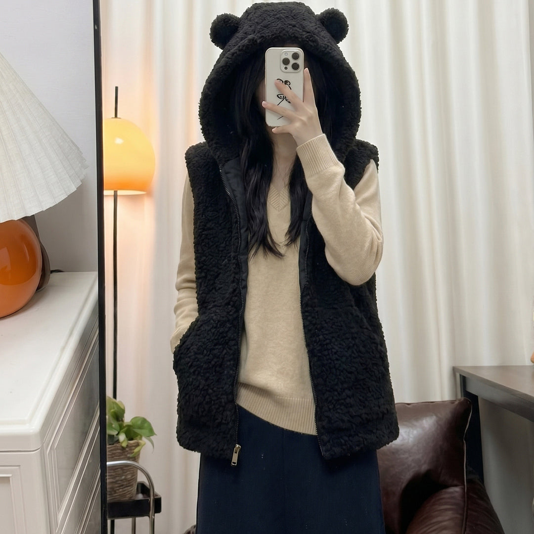 Damen nan kuschelige Teddyweste mit Kapuze und Reißverschluss Nord Taschen