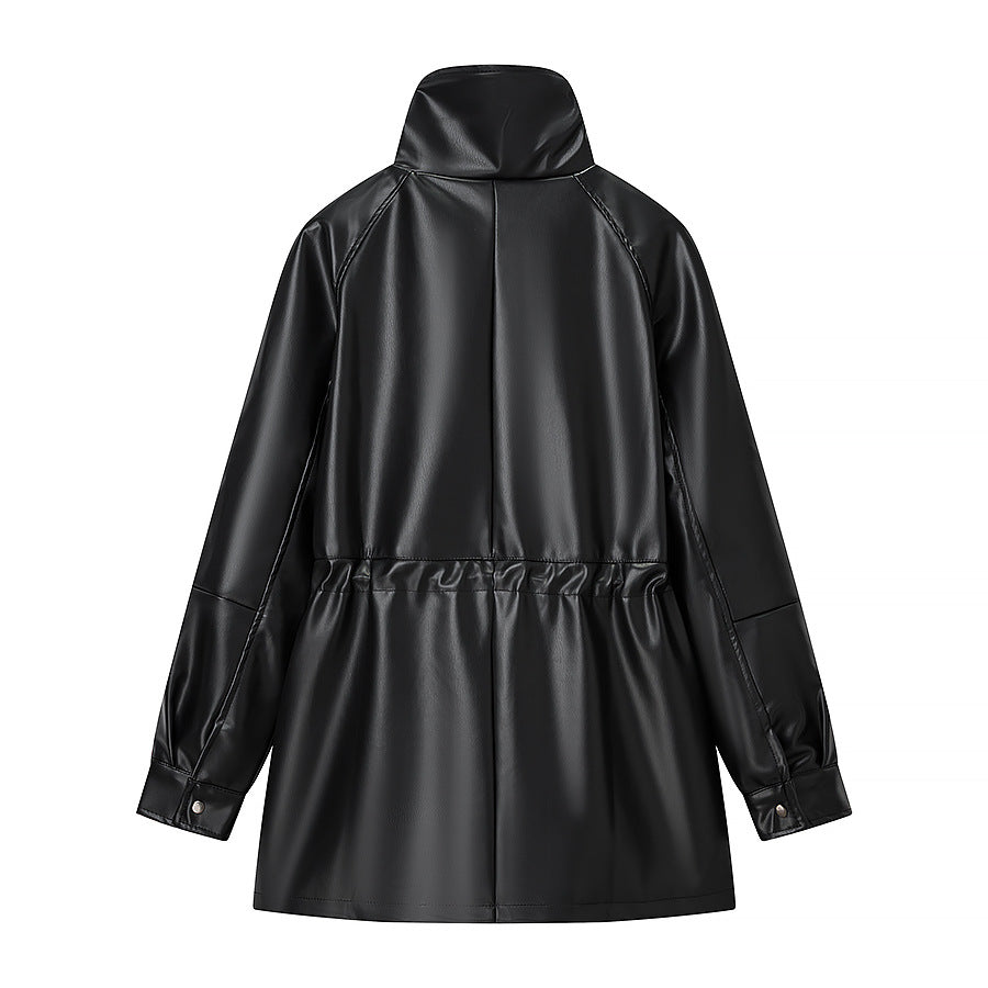 Damen Wasserabweisende Parka‑Jacke aus Kunstleder mit hohem Stehkragen und Tunnelzugtaillierung Nord Taschen