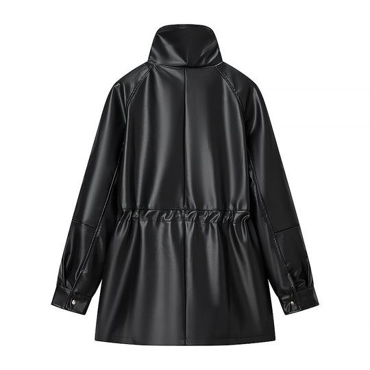 Damen Wasserabweisende Parka‑Jacke aus Kunstleder mit hohem Stehkragen und Tunnelzugtaillierung Nord Taschen