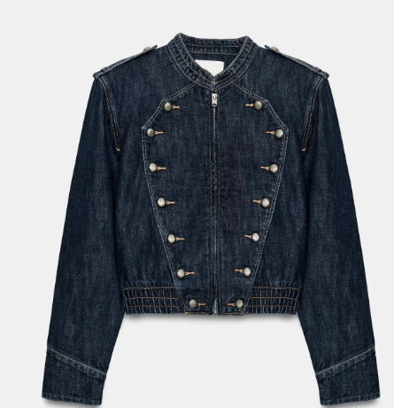 Damen Kurz geschnittene Jeansjacke mit Mandarinkragen, Zierknopfreihe und Schulterpatten Nord Taschen