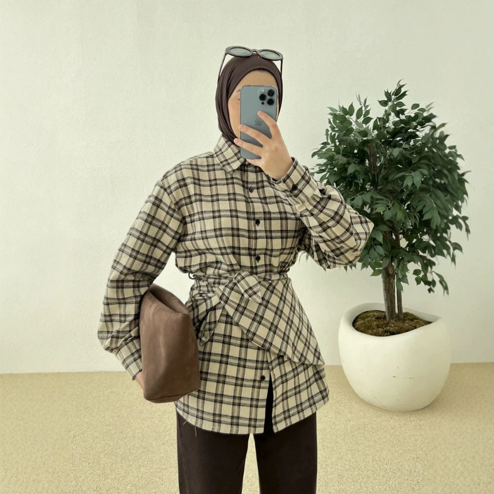 Damen Oversize-Kariertes Hemd mit Taillengürtel und verlängertem Rückensaum Nord Taschen