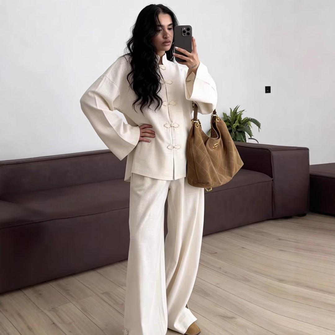 Damen Oversized Mandarinjacke mit Knotenverschlüssen und weitem Arm Nord Taschen
