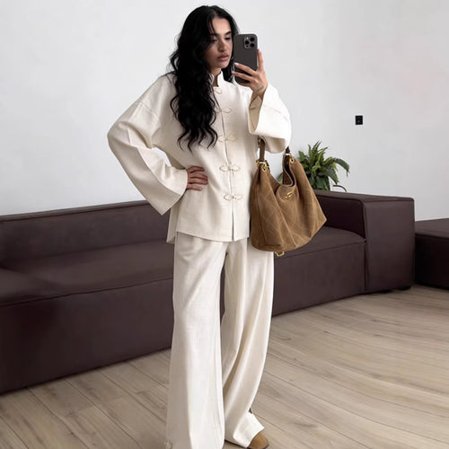 Damen Oversized Mandarinjacke mit Knotenverschlüssen und weitem Arm Nord Taschen