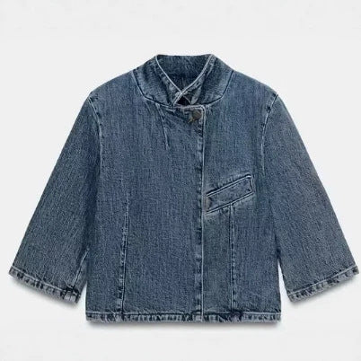 Damen Boxy Cropped Denimjacke mit Mandarin-Kragen, asymmetrischer Knopfblende und Fransenabschluss Nord Taschen