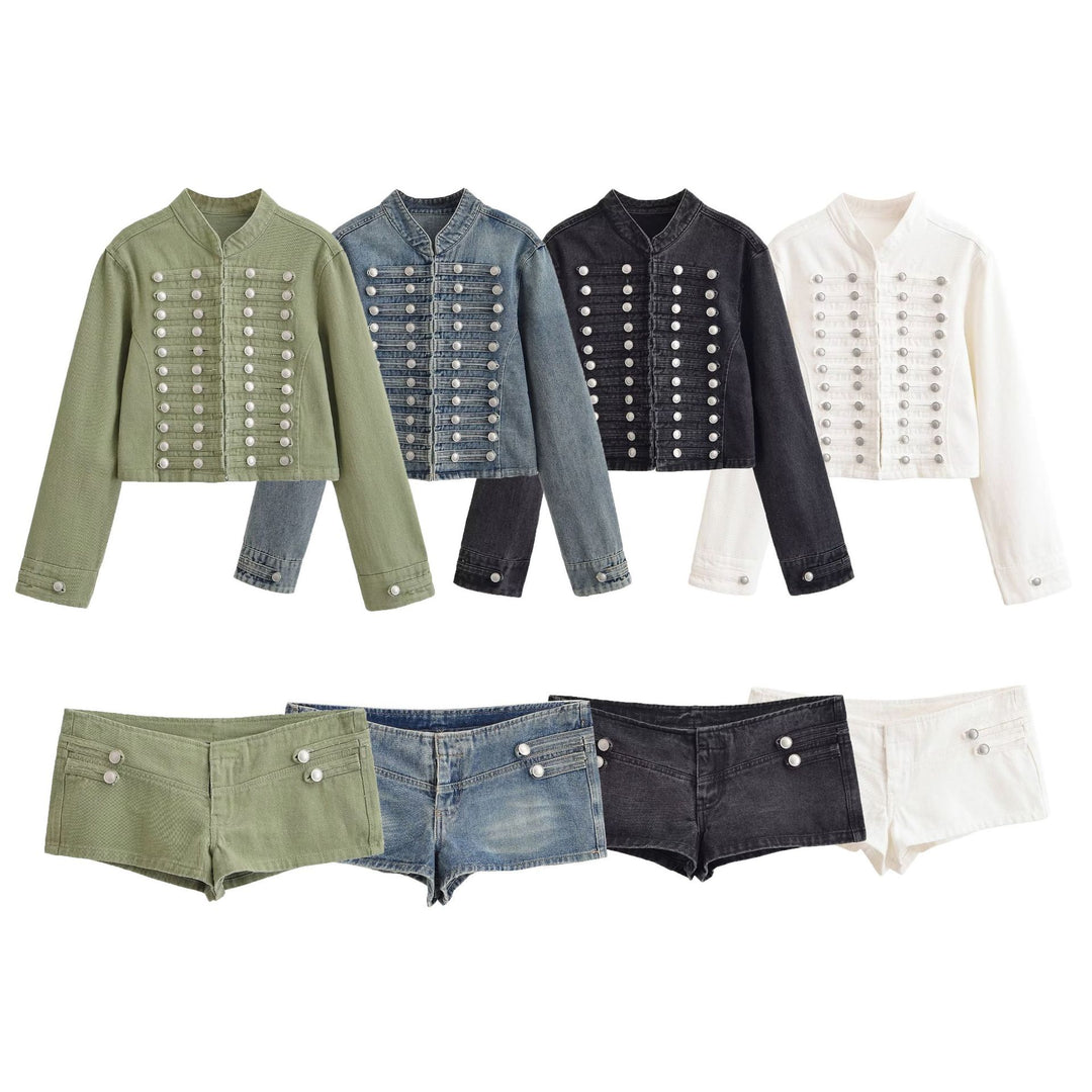 Damen Jeansjacke im Military-Stil mit Stehkragen und dekorativen Zierknopfleisten Nord Taschen