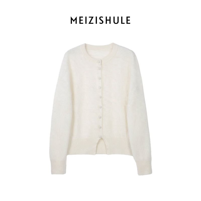 Damen Kuschelige Mohair-Strickjacke mit Rundhalsausschnitt und verdeckter Knopfleiste Nord Taschen