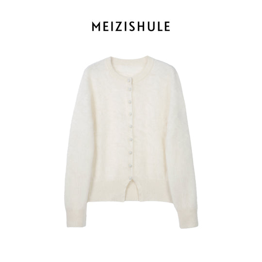 Damen Kuschelige Mohair-Strickjacke mit Rundhalsausschnitt und verdeckter Knopfleiste Nord Taschen