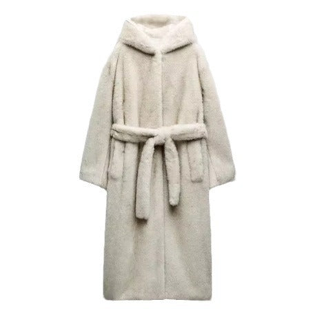 Damen Langer Teddy-Kunstfellmantel mit Bindegürtel und Oversize-Silhouette Nord Taschen