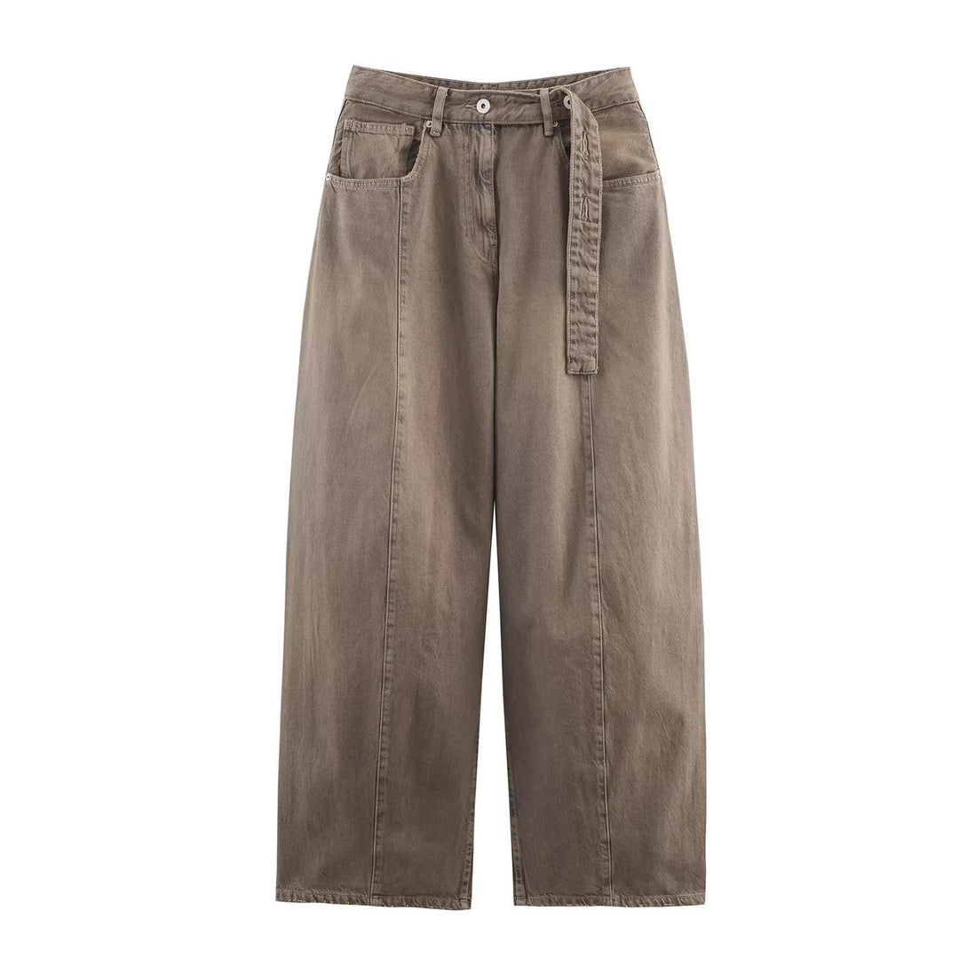 Damen Weite hochtaillierte Culotte-Hose mit Ziernaht, aufgesetzten Taschen und Bindegürtel Nord Taschen